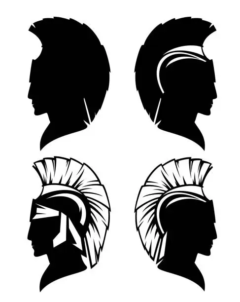 Vector illustration of spartan warrior head black vector silhouette design set