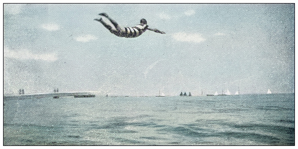 Antique colorized photograph of sport, athletes and leisure activities in the 19th century: Spring-board diving