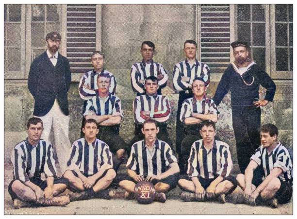 ilustraciones, imágenes clip art, dibujos animados e iconos de stock de fotografía antigua de la marina y el ejército británicos: equipo de fútbol del buque de guerra "anson" - soccer player fotos