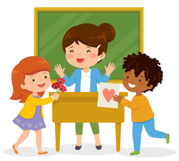 Kids loving their teacher Happy teacher receiving flowers and a card from her loving students. teacher appreciation week stock illustrations