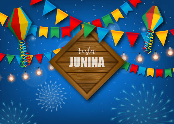 ilustrações, clipart, desenhos animados e ícones de festa junina fundo com flâmulas coloridas e balões. pôster do festival brasileiro de junho. - festa junina
