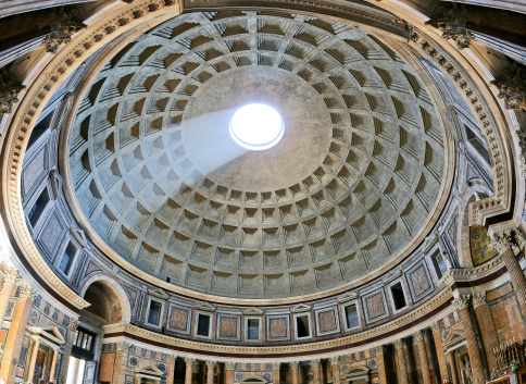 Ancient architectural masterpiece of Pantheon in Roma, Italy. Panorama of inside interior