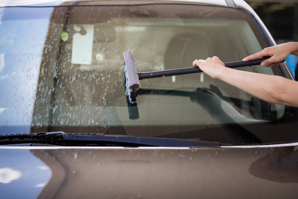 la chica lava el parabrisas del coche en una gasolinera. el vidrio está cubierto con un gran número de insectos muertos y moscas. el coche después de un viaje en la autopista se está preparando para lavarse. - broken window glass women fotografías e imágenes de stock