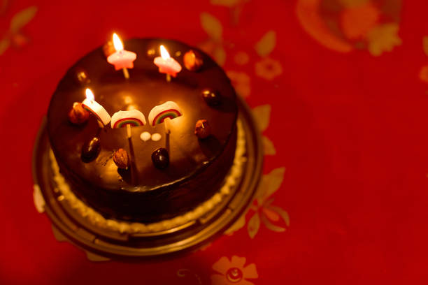 A birthday cake with burning candles