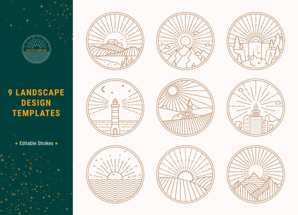 Landscape Linear Vector Illustrations Concept Set. Thin Line Nature, Ecotourism Clip Art Collection Isolated On Background. Nature, countryside, urban landscape vector illustrations. Travel concept design templates. Outdoor recreation, travelling places thin line vector emblem for t-shirt design, web services, mobile app. house outside drawings stock illustrations