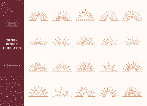 Sunset and sunrise symbols, sun logo design templates collection. Boho style vector icons. Minimalist thin line illustrations for social media, company logotype, fashion industry. Editable strokes.