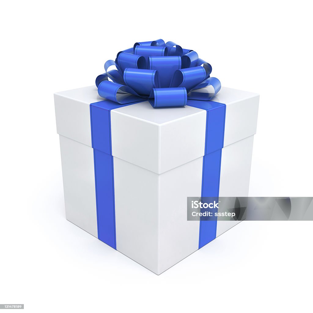 Scatola regalo blu e con fiocchetto in nastro - Foto stock royalty-free di Bianco