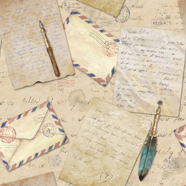 istock Mixed media background in vintage style with hand written letters, post stamps, envelopes, fountain feathers pen. 1314782678