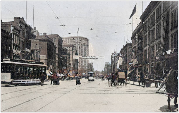 Antique colorized photo of Detroit, Michigan: Woodward avenue Antique colorized photo of Detroit, Michigan: Woodward avenue detroit michigan photos stock illustrations