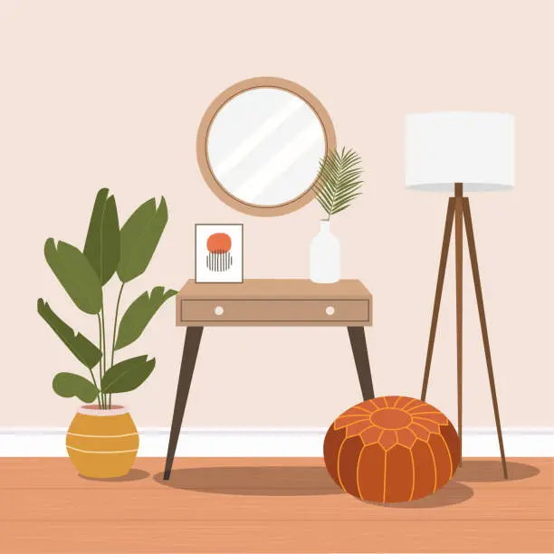 Vector illustration of Dressing table with mirror. Cozy home interior.  Vector flat cartoon illustration