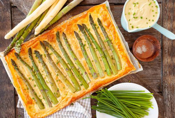 Puff pastry asparagus quiche stock photo