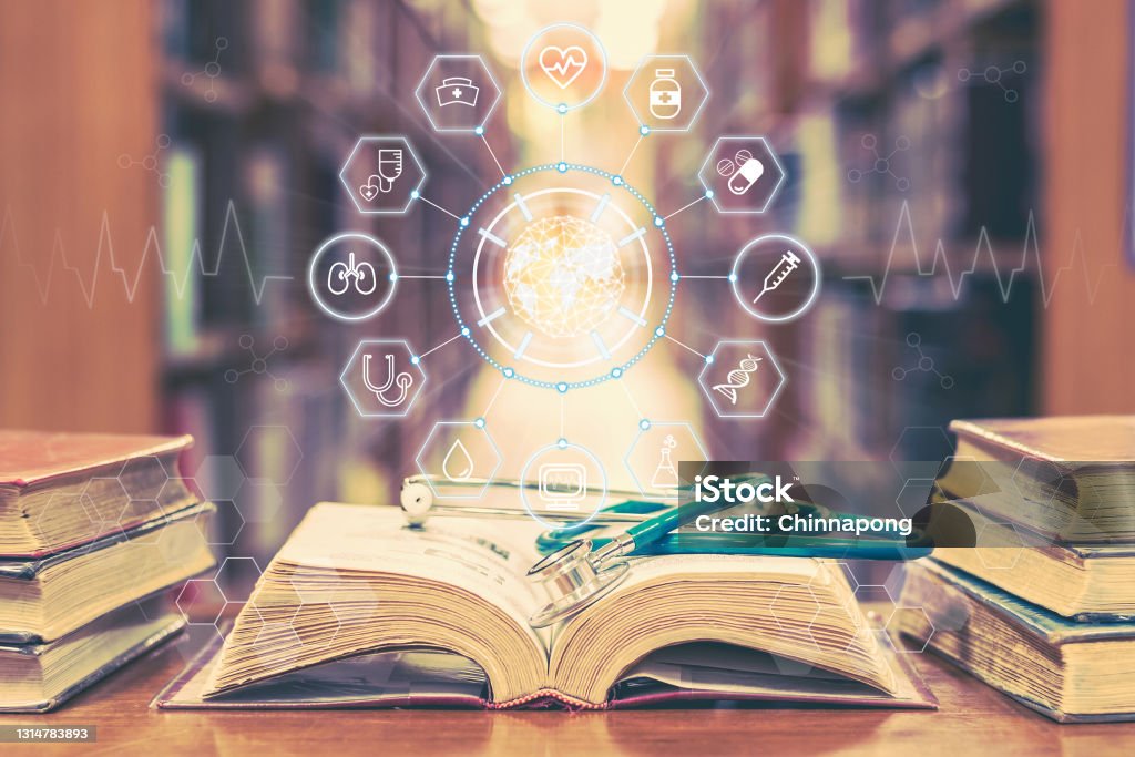 Medical school education with telemedicine and telehealth science study, AI lab research concept with global healthcare educational icons on old book and stethoscope in learning class room or library Healthcare And Medicine Stock Photo