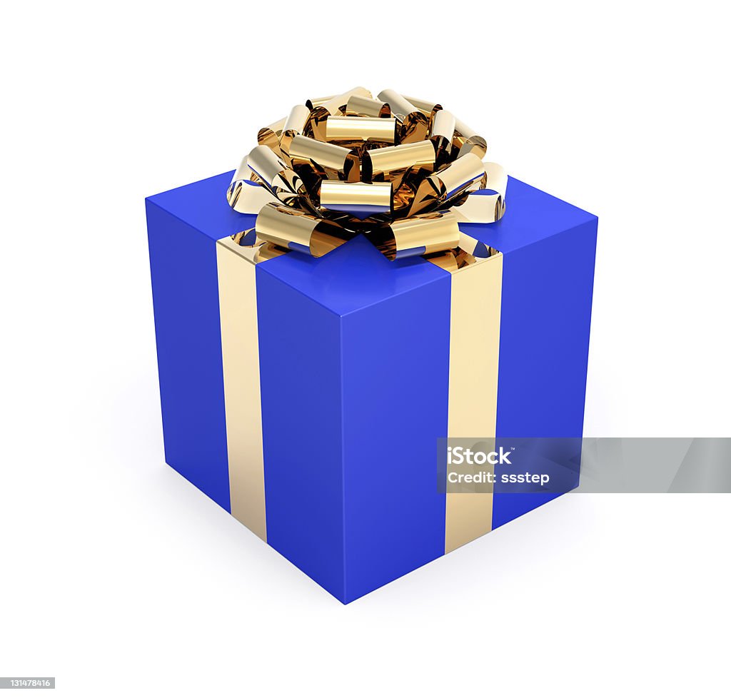 Gift Box Blue and Gold Blue Gift Box with Gold Bow and Ribbon. Blue Stock Photo