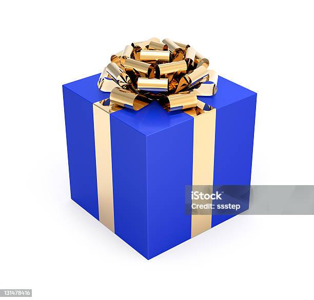 Gift Box Blue And Gold Stock Photo - Download Image Now - Blue, Gift, Yellow