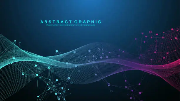 Vector illustration of Abstract dynamic motion lines and dots background with colorful particles. Digital streaming background, wave flow. Plexus stream background. Big Data technology, vector illustration