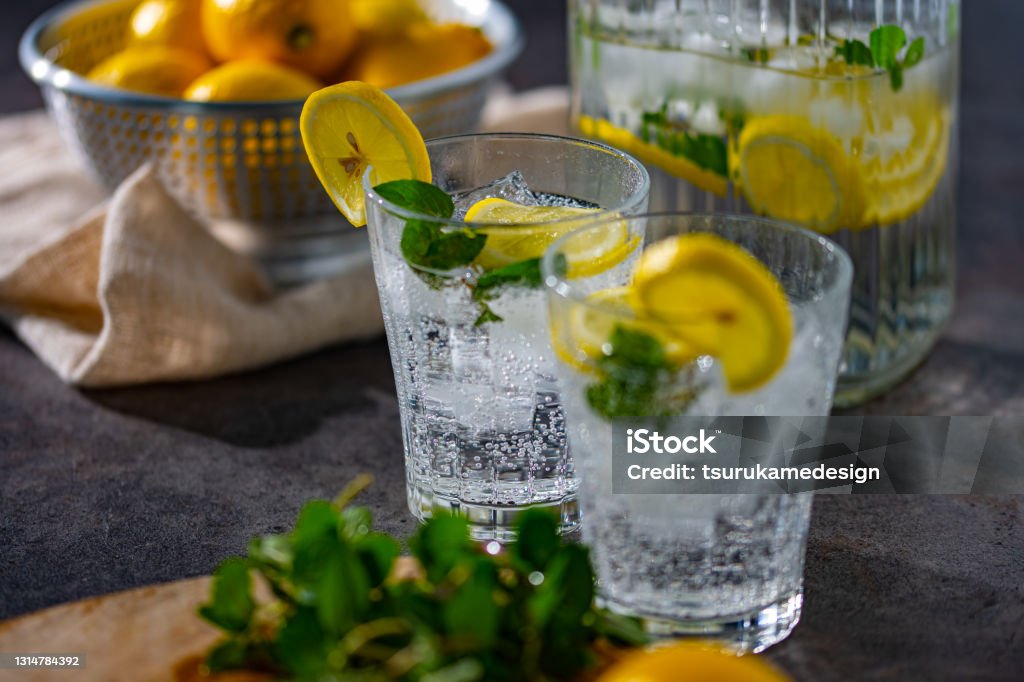 lemon,mint and sparkling water image. Cold refreshing lemonade. Carbonated Water Stock Photo