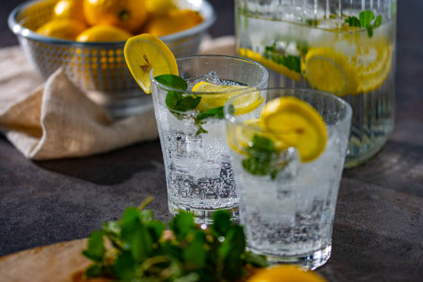 lemon,mint and sparkling water image. Cold refreshing lemonade. carbonated water photos stock pictures, royalty-free photos & images