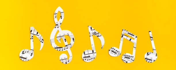 Musical notes and clef cut from paper with musical text in a row on yellow background. Web banner