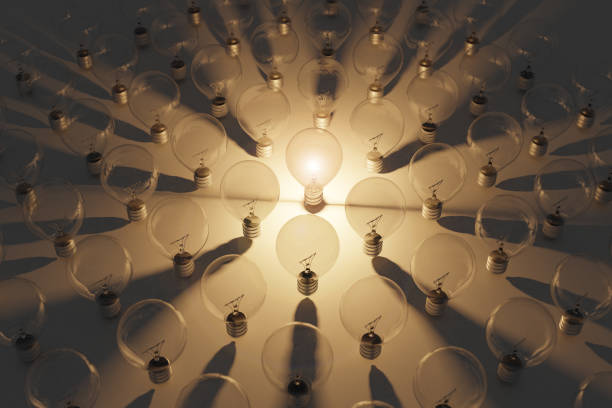 istock Idea, leader and stand out person concept. Alone light bulb emitting light among extinguished lamps. Riot and unique in crowd. 3d rendering 1314786818