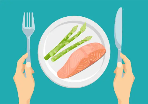 Vector illustration of Salmon fillet and asparagus in plate top view. Healthy food. Hands holding knife and fork. Vector illustration in cartoon flat style.
