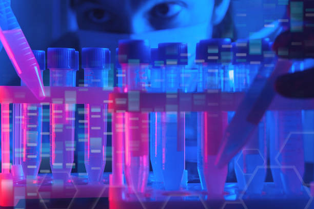 genetic research and biotech science concept, illegal genetic experiment, scientist looks on test tube in dark laboratory - test tube laboratory biotechnology dna imagens e fotografias de stock