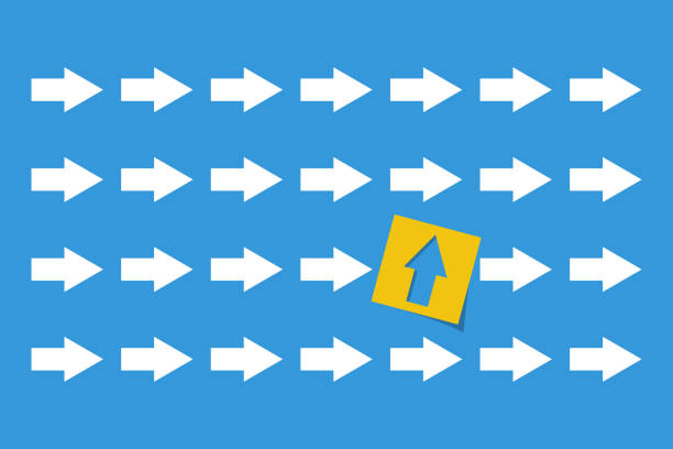 istock white arrows group in one direction and arrow in yellow paper sticker with different way, business innovations or new strategy vector concept 1314788342