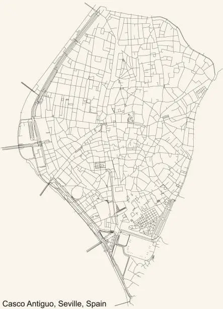 Vector illustration of Street roads map of the Casco Antiguo district of Seville, Spain