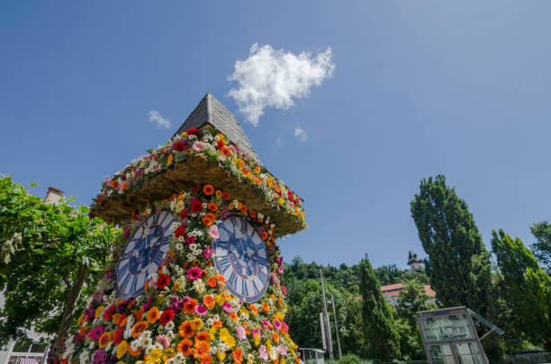 the famous clock tower, one of the city of graz attractions, made of flowers and the real clock tower (grazer uhrturm) in the background in styria region, austria, in sunny spring day - graz austria clock tower styria imagens e fotografias de stock