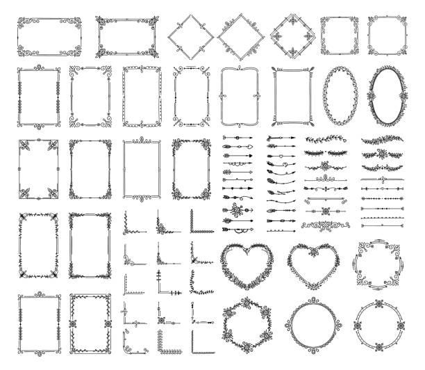 illustrations, cliparts, dessins animés et icônes de éléments décoratifs. bordures florales vintage, cadres, diviseurs, coins, flèches. cadre élégant avec des tourbillons, des fleurs, des feuilles. ensemble de vecteur de décoration dessiné à la main - ornate swirl heart shape beautiful