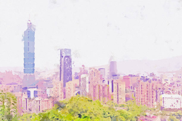 akwarela rysunek obraz krajobrazu miasta w tajpej tajwan. - backgrounds cityscape taipei taiwan stock illustrations