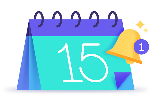Calendar flip calendar planner with bell notification icon symbol.
