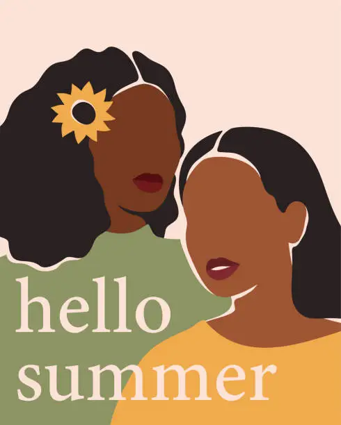 Vector illustration of Poster Summer women with dark skin stand together. African American girls with sunflower in the hair.