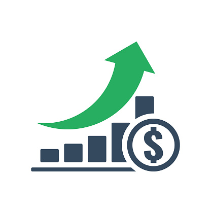 bar chart with green up arrow and dollar coin, vector icon