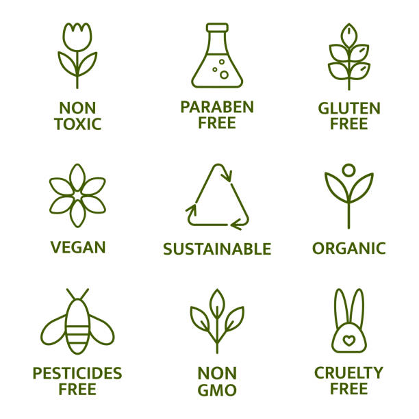 natürliche und organische kosmetische linie symbole. beauty-produkt. gluten- und parabenfreie kosmetik. allergenfreie abzeichen. nicht toxisches logo. hautpflege-symbol. eco, veganes label. empfindliche haut. vektor-illustration - genetic modification illustrations stock-grafiken, -clipart, -cartoons und -symbole