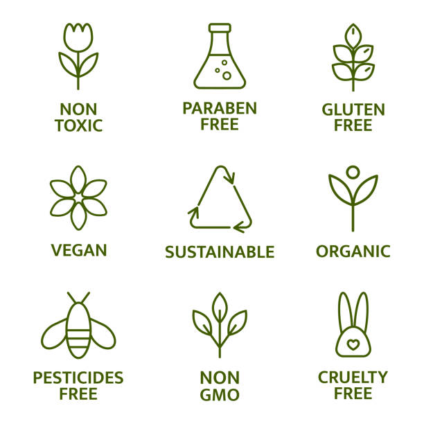 Natural and organic cosmetic line icons. Beauty product. Gluten and paraben free cosmetic. Allergen free badges. Non toxic logo. Skincare symbol. Eco, vegan label. Sensitive skin. Vector illustration Natural and organic cosmetic line icons. Beauty product. Gluten and paraben free cosmetic. Allergen free badges. Non toxic logo. Skincare symbol. Eco, vegan label. Sensitive skin. Vector illustration. genetic modification stock illustrations
