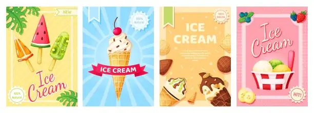 Vector illustration of Ice cream poster. Cold summer desserts promotional banner. Flyer template with vanilla, chocolate sundae, fruit ice, popsicle for shop, cafe menu, restaurant vector set