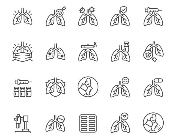 ilustraciones, imágenes clip art, dibujos animados e iconos de stock de conjunto de iconos de pulmones - neumonía