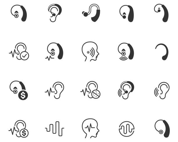 ilustraciones, imágenes clip art, dibujos animados e iconos de stock de conjunto de iconos de audífonos - human ear