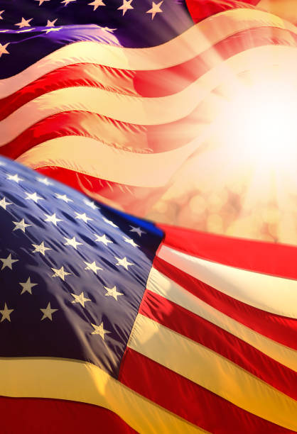 istock Close up American flags and celebration lights 1314806009