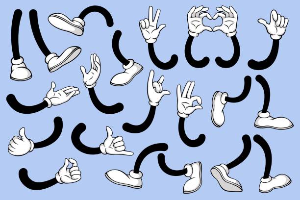 illustrazioni stock, clip art, cartoni animati e icone di tendenza di gambe e mani dei cartoni animati. gamba in stivali bianchi e mano guantata, piedi comici in scarpe e braccio con vari gesti. elementi mascotte vettoriali - human limb