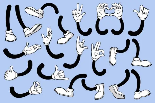 Vector illustration of Cartoon legs and hands. Leg in white boots and gloved hand, comic feet in shoes and arm with various gestures. Vector mascot elements