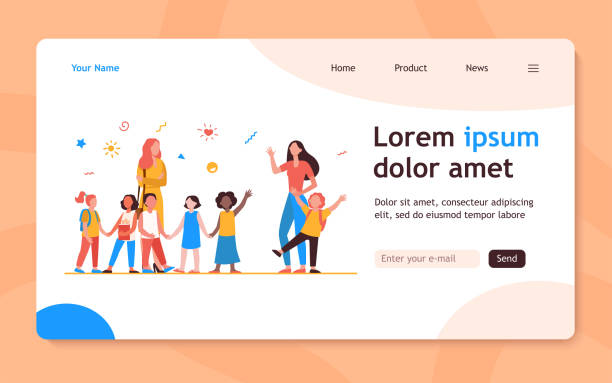 Classmates meeting at school Classmates meeting at school. Mom leading son, group of school children with teacher flat vector illustration. Childhood, back to school concept for banner, website design or landing web page parent guide stock illustrations