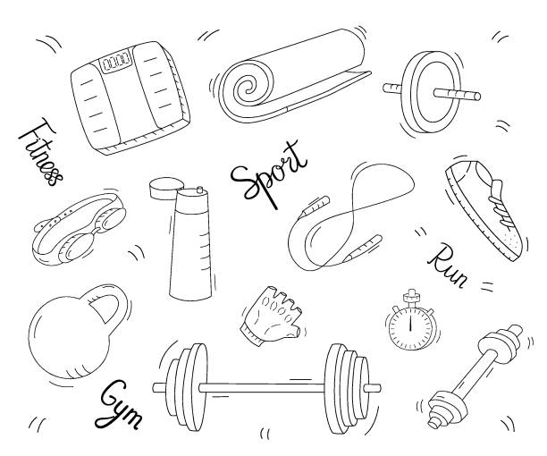A set of sports equipment with Lettering. Contour isolated objects doodle on a white. A set of sports equipment with Lettering. Contour isolated objects doodle on a white background. gym drawings stock illustrations