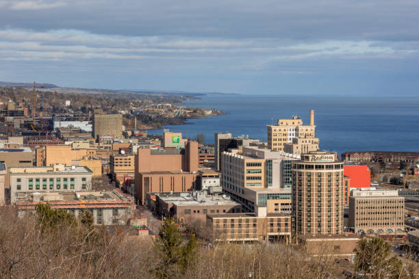 A Daytime Skyline Shot of Duluth, Minnesota on Lake Superior A High Angle Skyline Shot of Duluth and the North Shore of Lake Superior on a Beautiful Late Fall Day north shore stock pictures, royalty-free photos & images