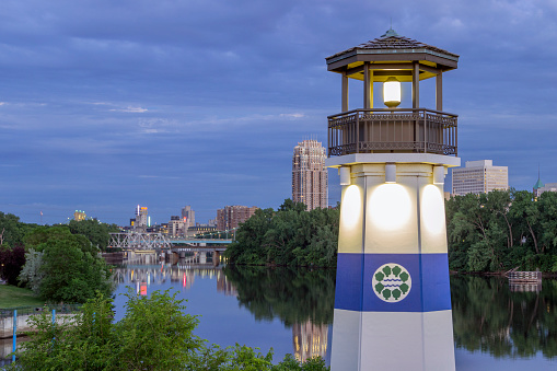 A Close Up Shot on the Boom Island Lighthouse Overlooking the Mississippi River during a Summer Blue Hour