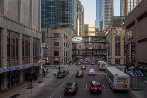 A Wide Angle Shot of Rush Hour Traffic Passing Through Downtown Minneapolis