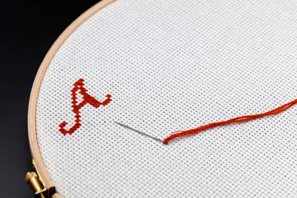 A needle with a threaded floss on an embroidery canvas. Close-up