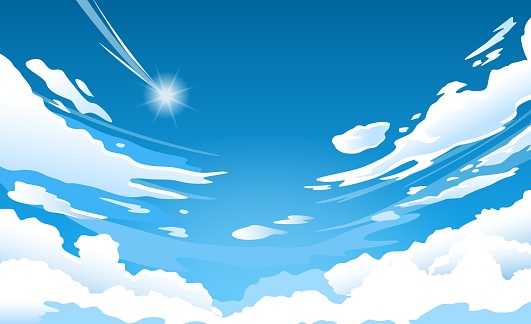 istock Anime sky. Cloud in blue heaven in sunny summer day, cloudy beautiful nature morning scene with falling star vector wallpaper, background 1314810397