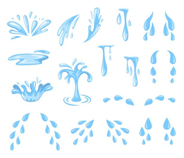 Cartoon splashes and drops. Tears, sweat or water spray and flow, falling blue water droplets. Raindrops, puddle isolated vector set Cartoon splashes and drops. Tears, sweat or water spray and flow, falling blue water droplets. Raindrops, puddle isolated vector set. Stress and depression drops, flowing pure water teardrop stock illustrations