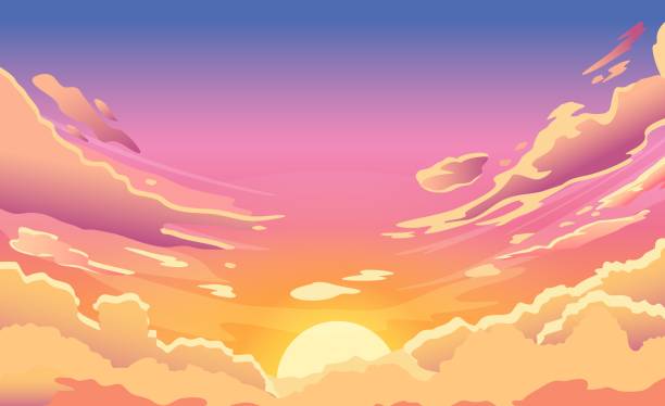 ilustraciones, imágenes clip art, dibujos animados e iconos de stock de cielo al atardecer. amanecer de verano de dibujos animados con nubes rosadas y sol, panorama del cielo nublado por la tarde. paisaje vectorial matutino - naranja color ilustraciones
